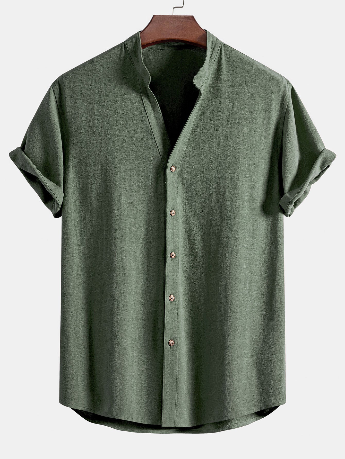 Short Sleeve V Neck Linen Rayon Blend Shirt & Linen Blend Drawstring 7" Shorts