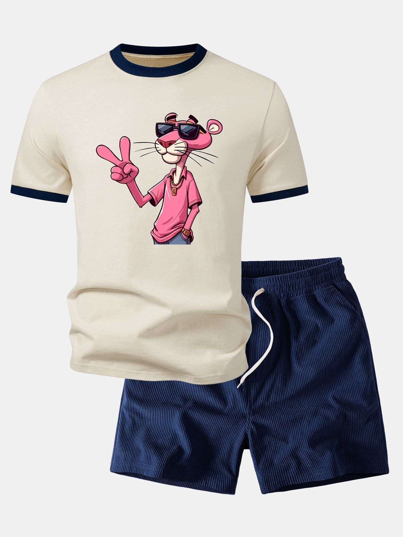 Pink Panther With V Sign Print Contrast Ringer T-Shirt & 5" Drawstring  Corduroy Shorts