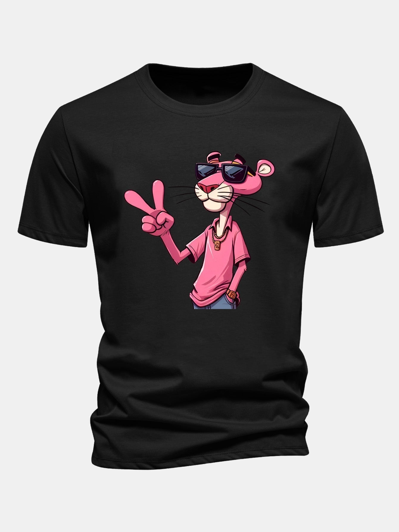 Regular Fit Pink Panther With V Sign Print Cotton T-Shirt & Color Block Drawstring 6" Corduroy Shorts