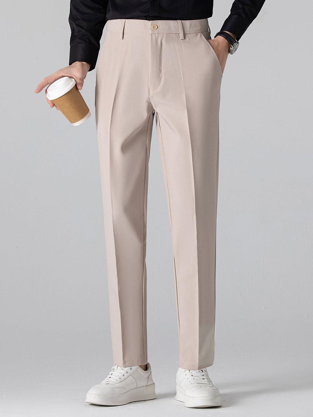 Contrast Textured Johnny Collar Knit Polo & Slim Fit Tapered Trousers