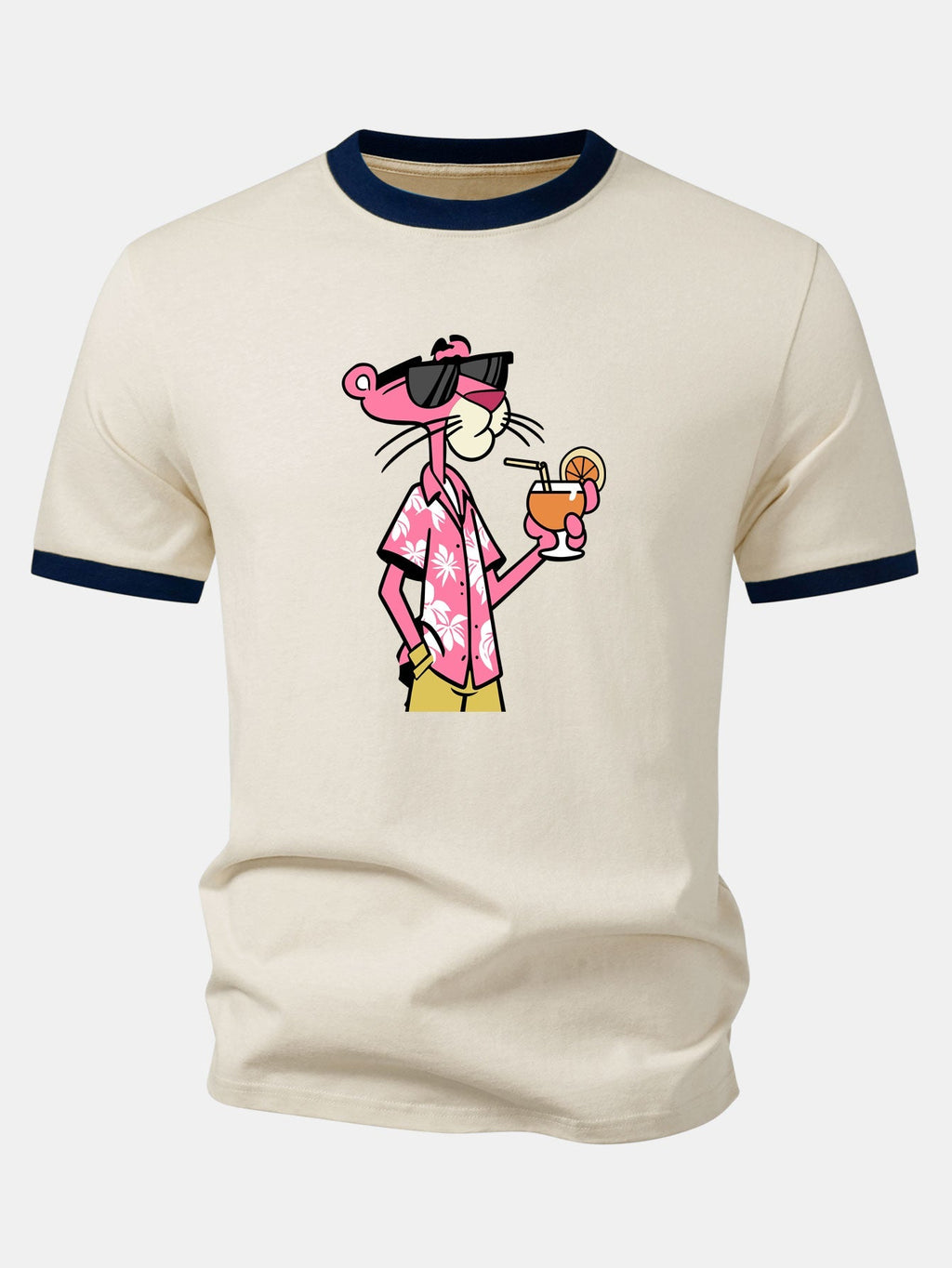 Vacation Pink Panther Print Contrast Ringer T-Shirt & 5" Drawstring  Corduroy Shorts