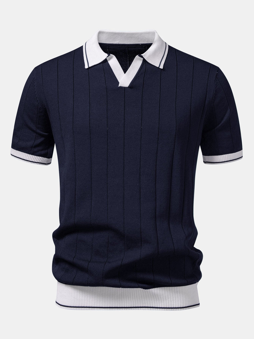 Contrast Trim Ribbed Johnny Collar Knit Polo & Elastic Waist Chino Shorts