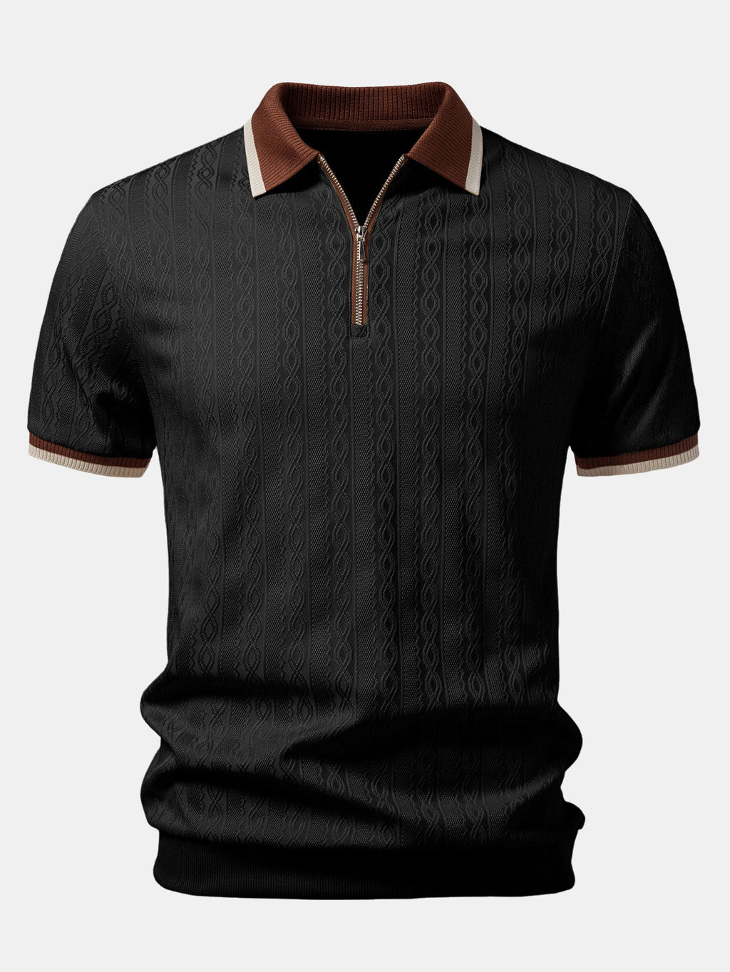 Contrast Trim Textured Zipper Knit Polo & Elastic Waist Straight Leg Trousers