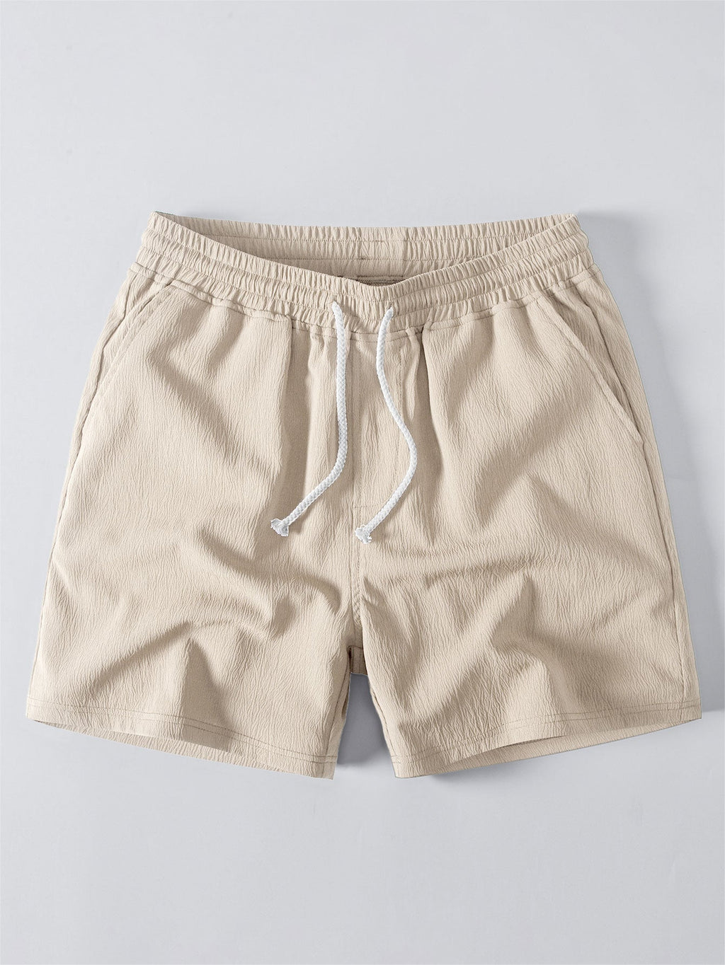 Short Sleeve V Neck Linen Rayon Blend Shirt & Crinkle Textured Drawstring 5" Shorts