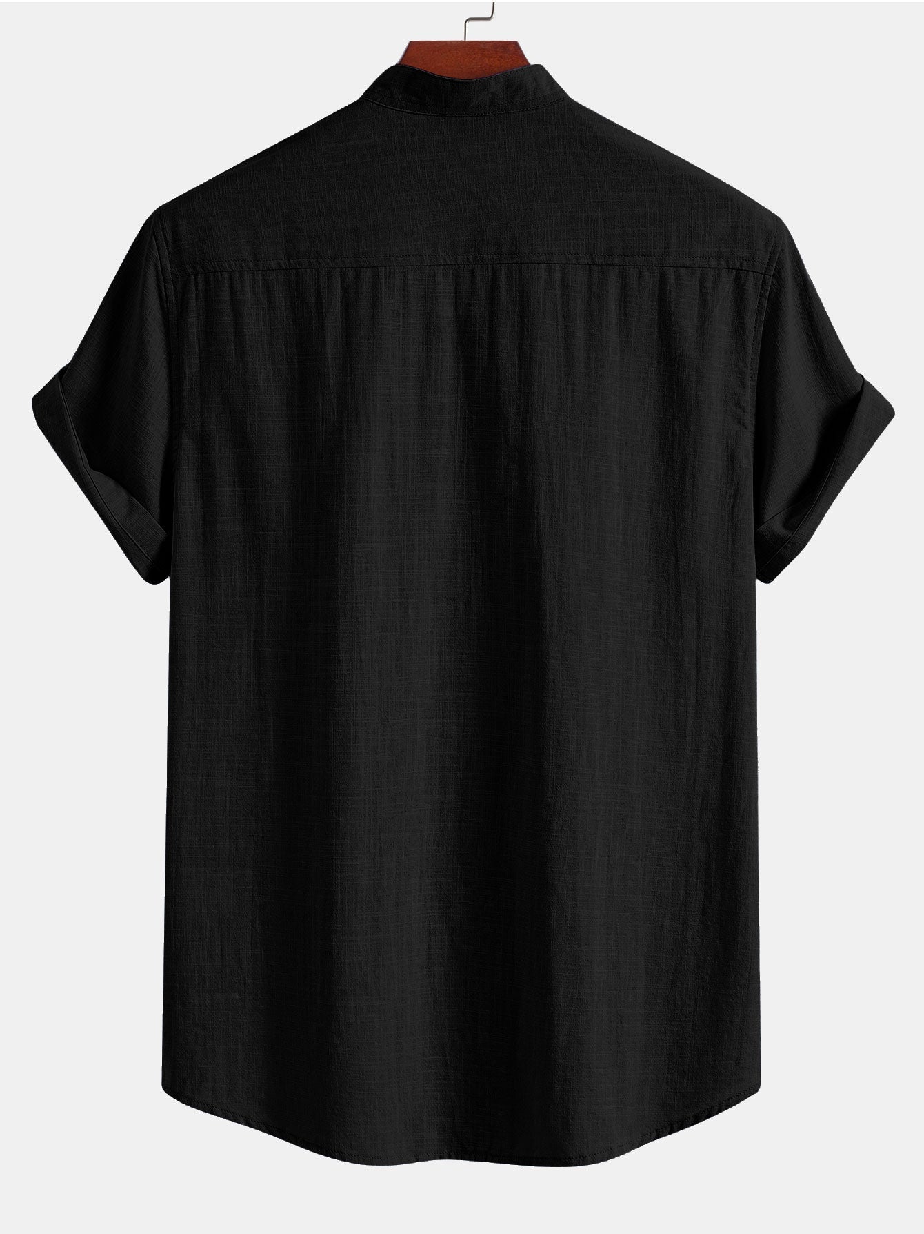 Short Sleeve Linen Look Stand Collar Shirt & Crinkle Textured Drawstring 5" Shorts