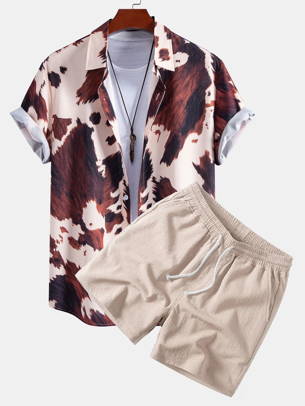 Cow Print Button Up Shirt & Crinkle Textured Drawstring 5" Shorts