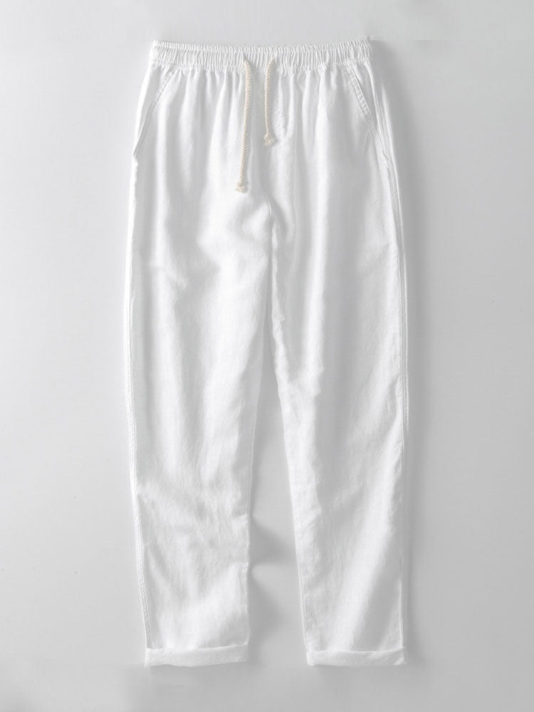 Short Sleeve Cotton Stripe Stand Collar Shirt & Straight Leg Linen Pants
