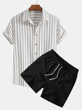 Cotton Blend Striped Button Up Shirt & Crinkle Textured Drawstring 5" Shorts