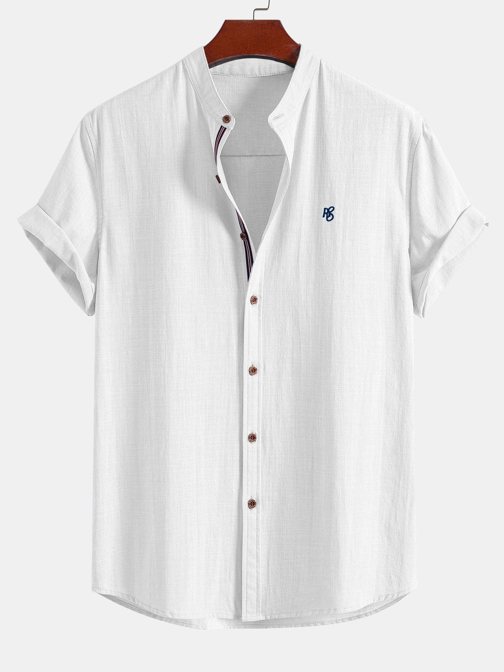 Short Sleeve Linen Look Stand Collar Shirt & Linen Blend Drawstring 7" Shorts