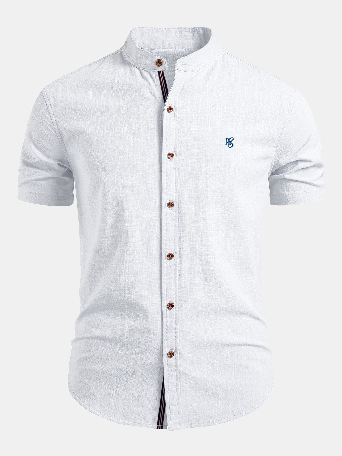 Short Sleeve Linen Look Stand Collar Shirt & Slim Fit Tapered Trousers