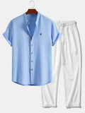 Short Sleeve Seersucker Stand Collar Shirt & Crinkle Textured Straight Leg Pants