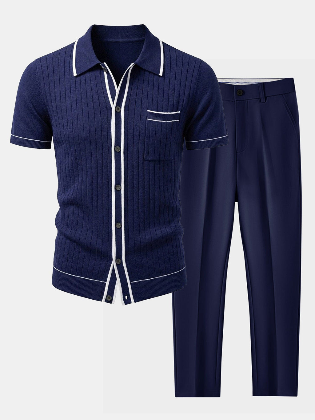 Contrast Trim Ribbed Knit Shirt & Slim Fit Tapered Trousers