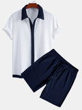 Contrast Ribbed Button Up Shirt & Drawstring Ribbed Shorts