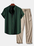 Short Sleeve Linen Look Stand Collar Shirt & Crinkle Textured Straight Leg Pants