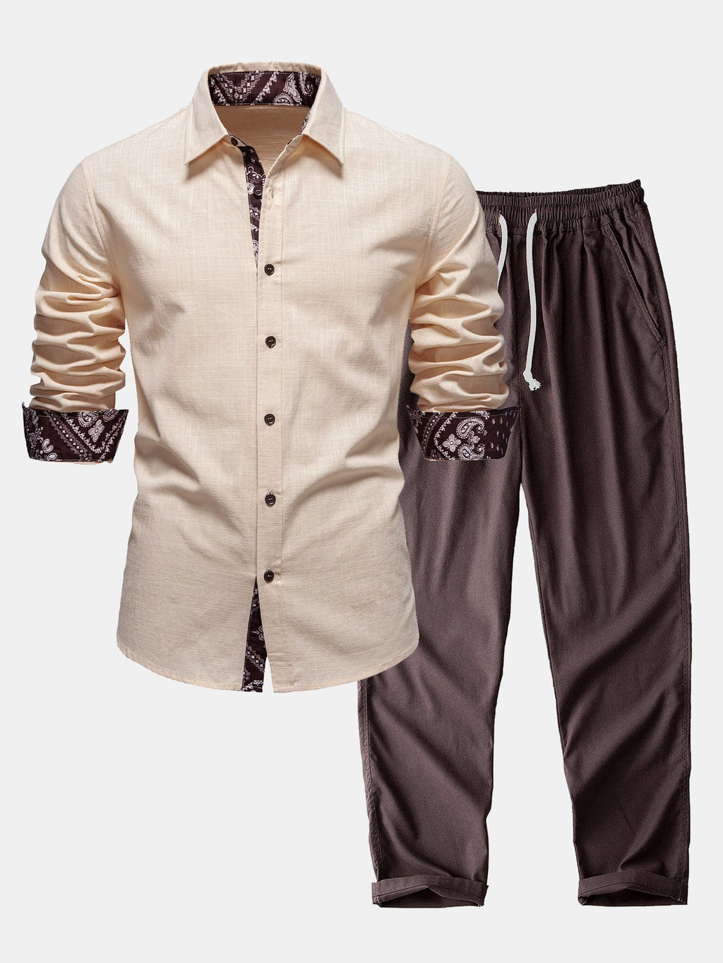 Contrast Paisley Print Linen Look Shirt & Straight Leg Linen Pants