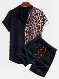 Leopard Patchwork Stand Collar Shirt & Swim Shorts