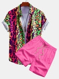 Colorful Leopard Print Button Up Shirt & Swim Shorts