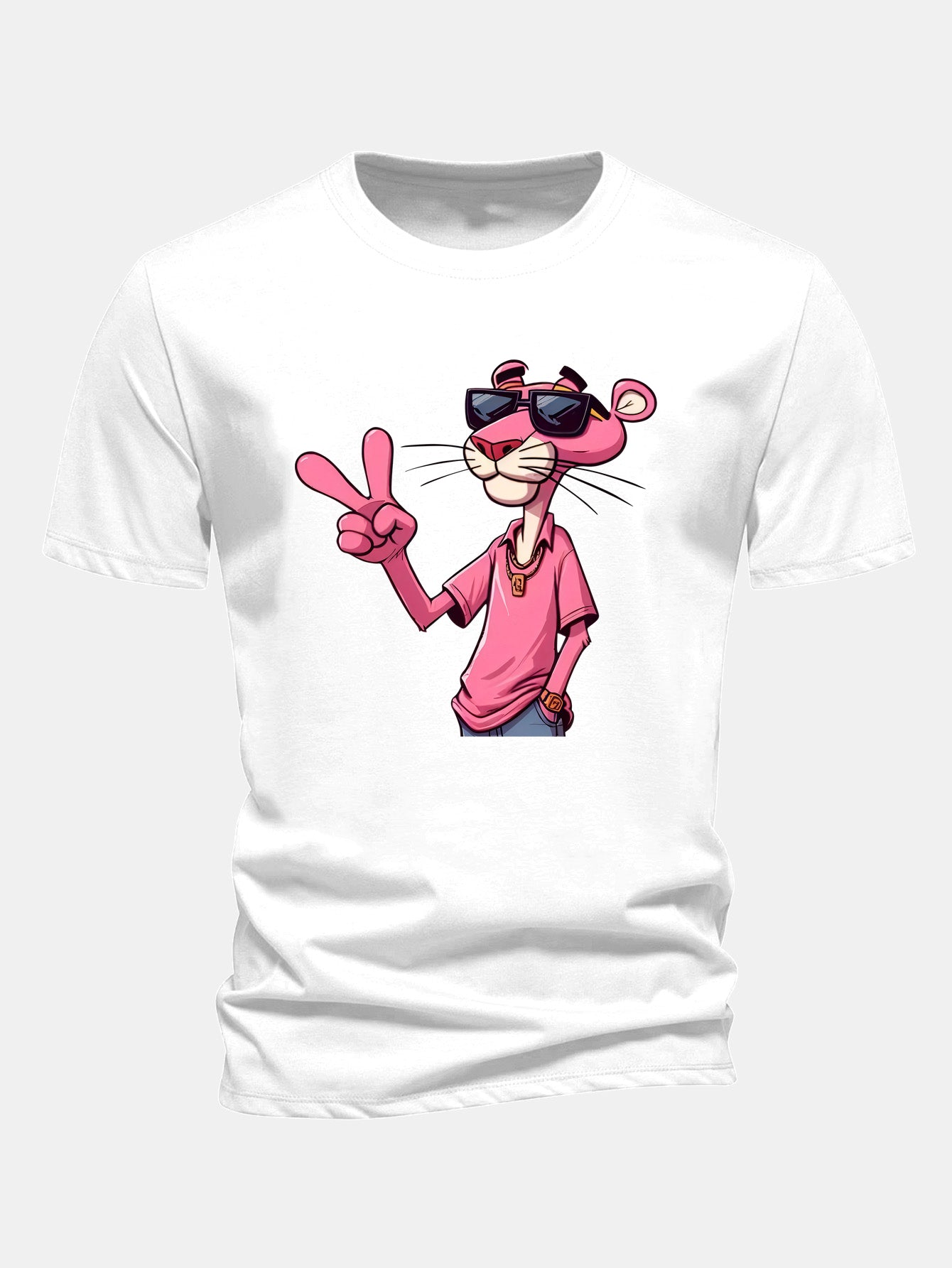 Regular Fit Pink Panther With V Sign Print Cotton T-Shirt & Color Block Drawstring 6" Corduroy Shorts