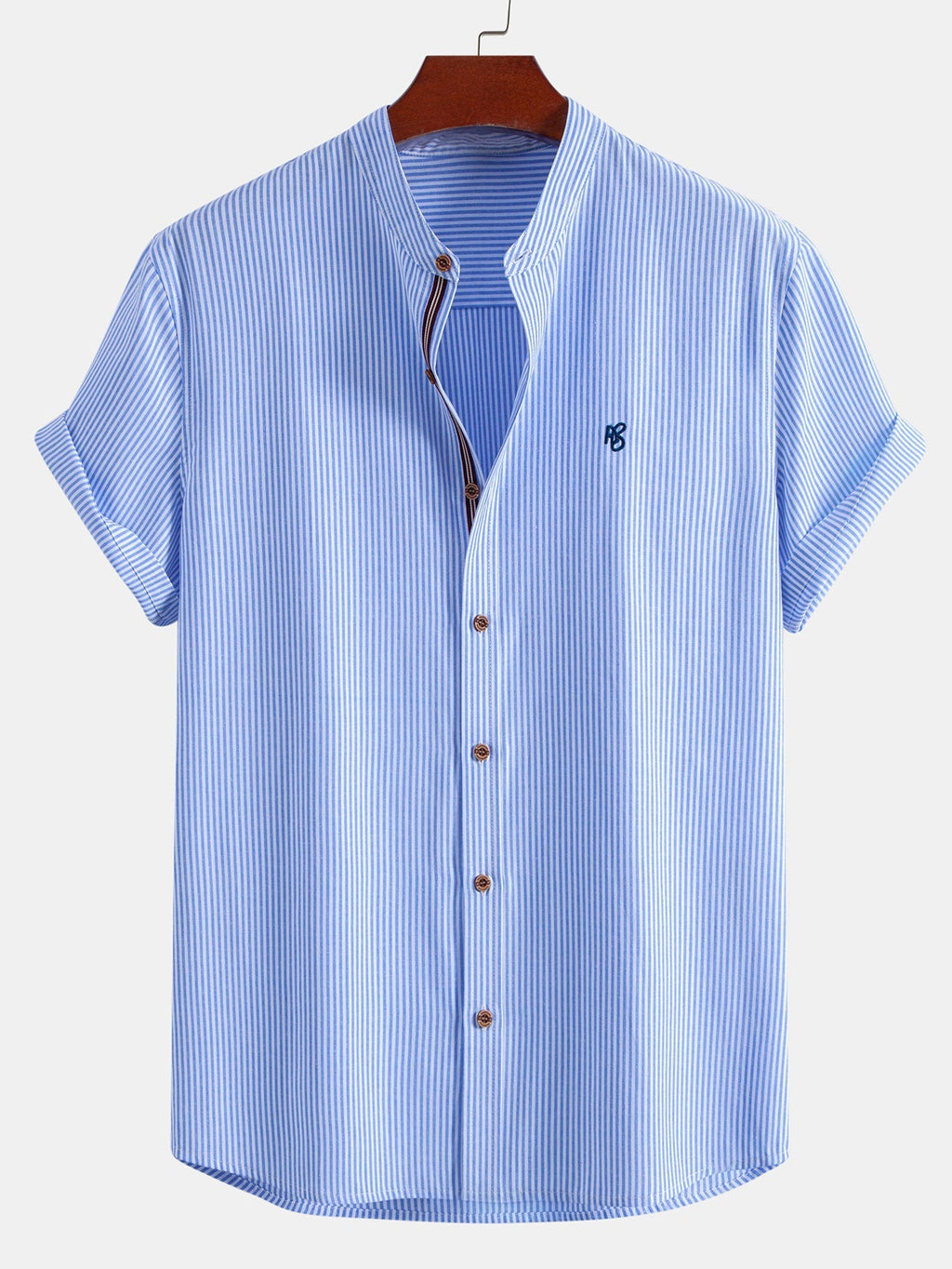 Short Sleeve Cotton Stripe Stand Collar Shirt & Straight Leg Linen Pants