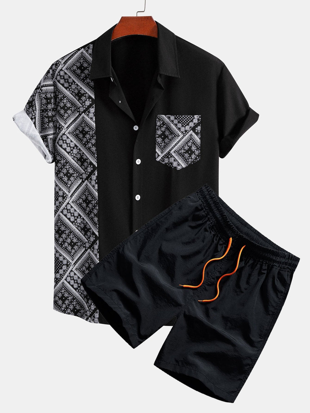 Paisley Print Patchwork Button Up Shirt & Swim Shorts