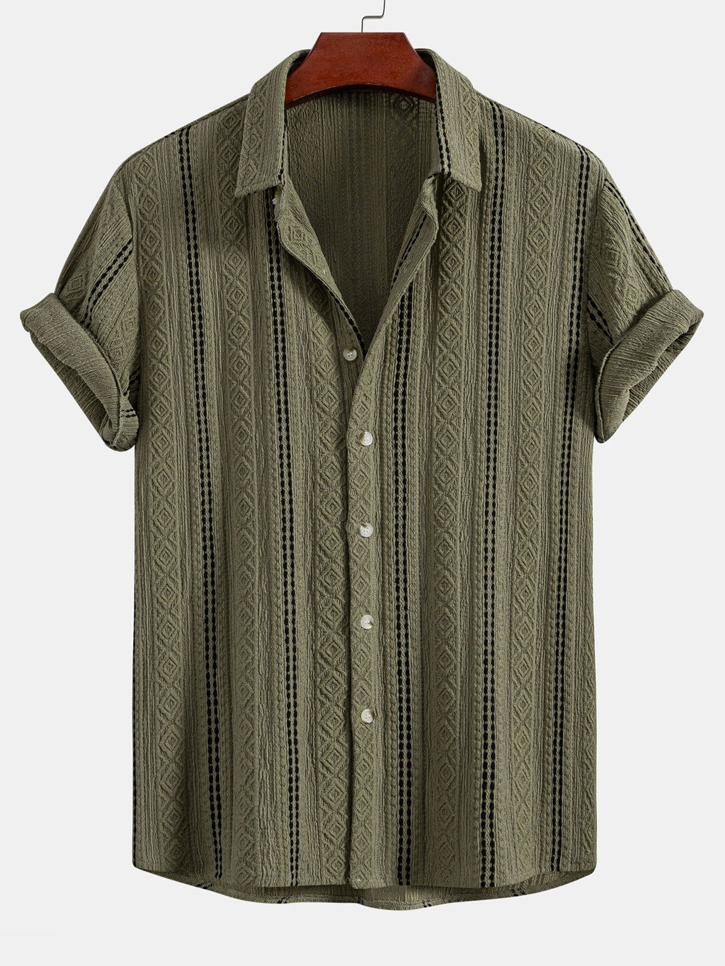 Geometric Striped Jacquard Button Up Shirt & Crinkle Textured Drawstring 5" Shorts
