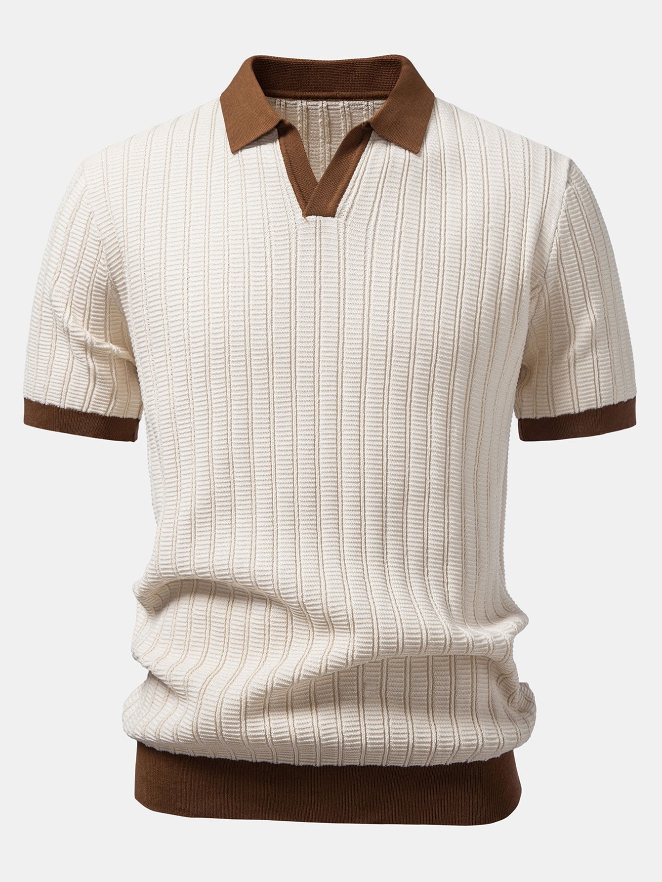 Contrast Textured Johnny Collar Knit Polo & Elastic Waist Straight Leg Trousers
