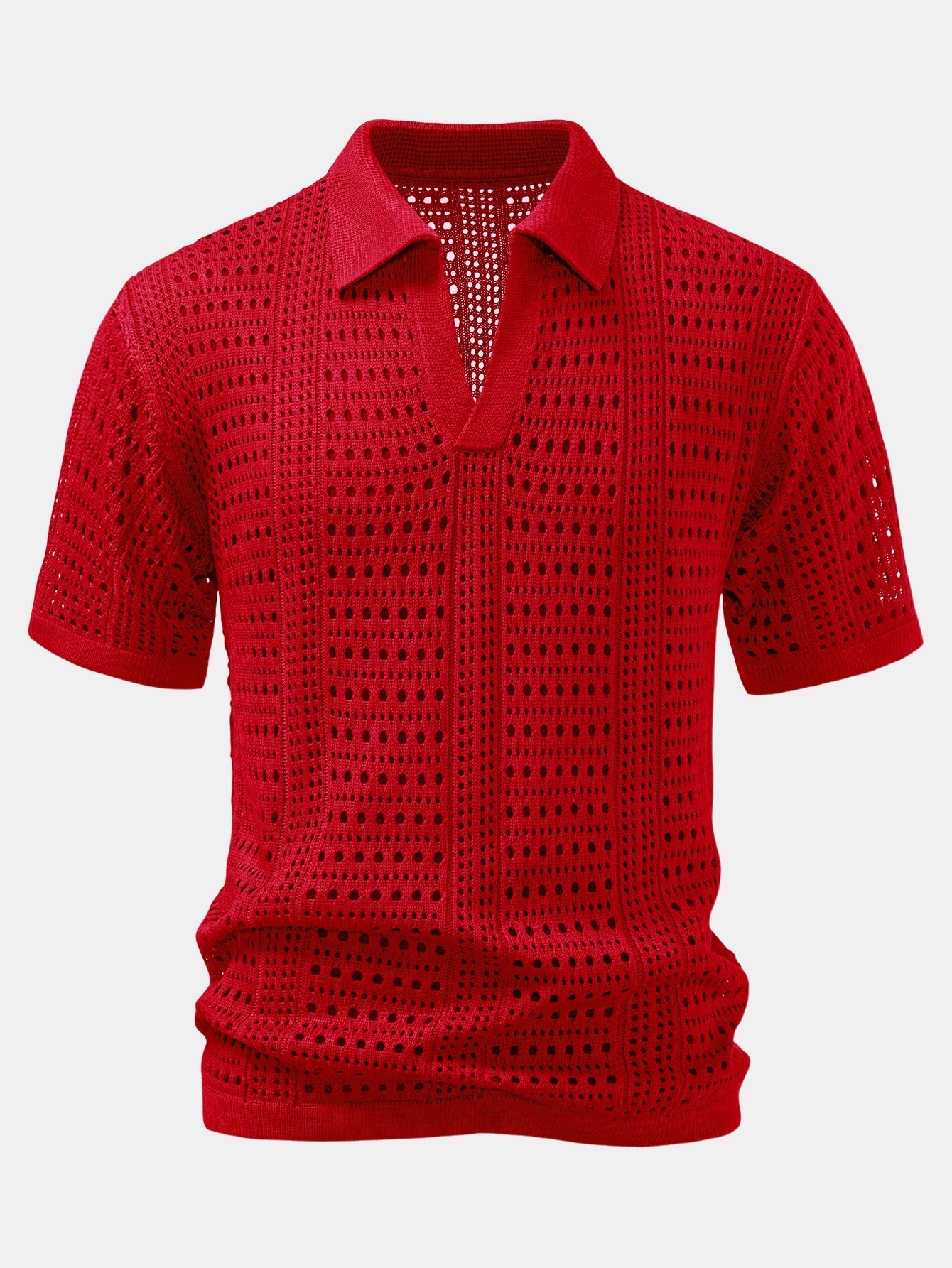 Crochet  V Neck Polo Shirt & Crinkle Textured Drawstring 5" Shorts