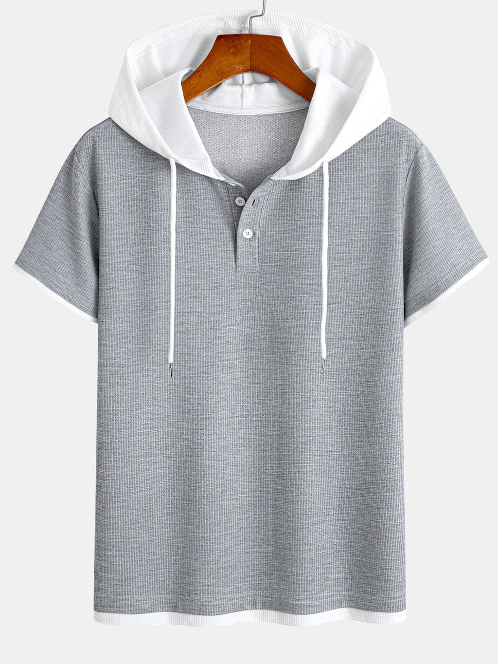 Contrast Button-Placket Waffle Hooded T-Shirt & 2 In 1 Waffle 7″‌ Shorts