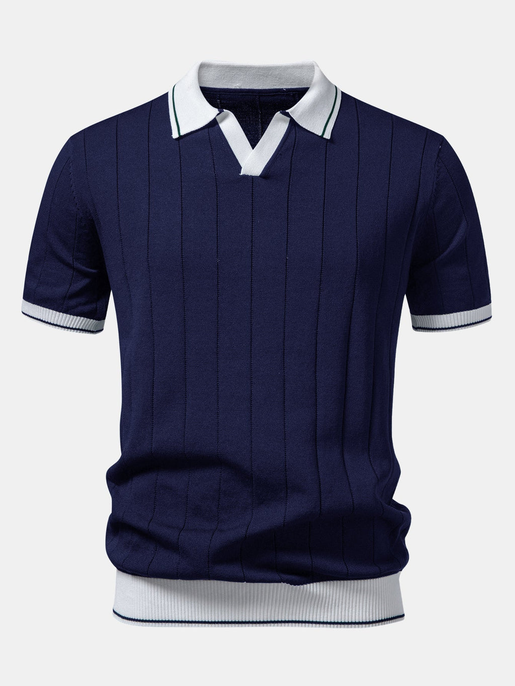 Contrast Trim Ribbed Johnny Collar Knit Polo & Slim Fit Tapered Trousers