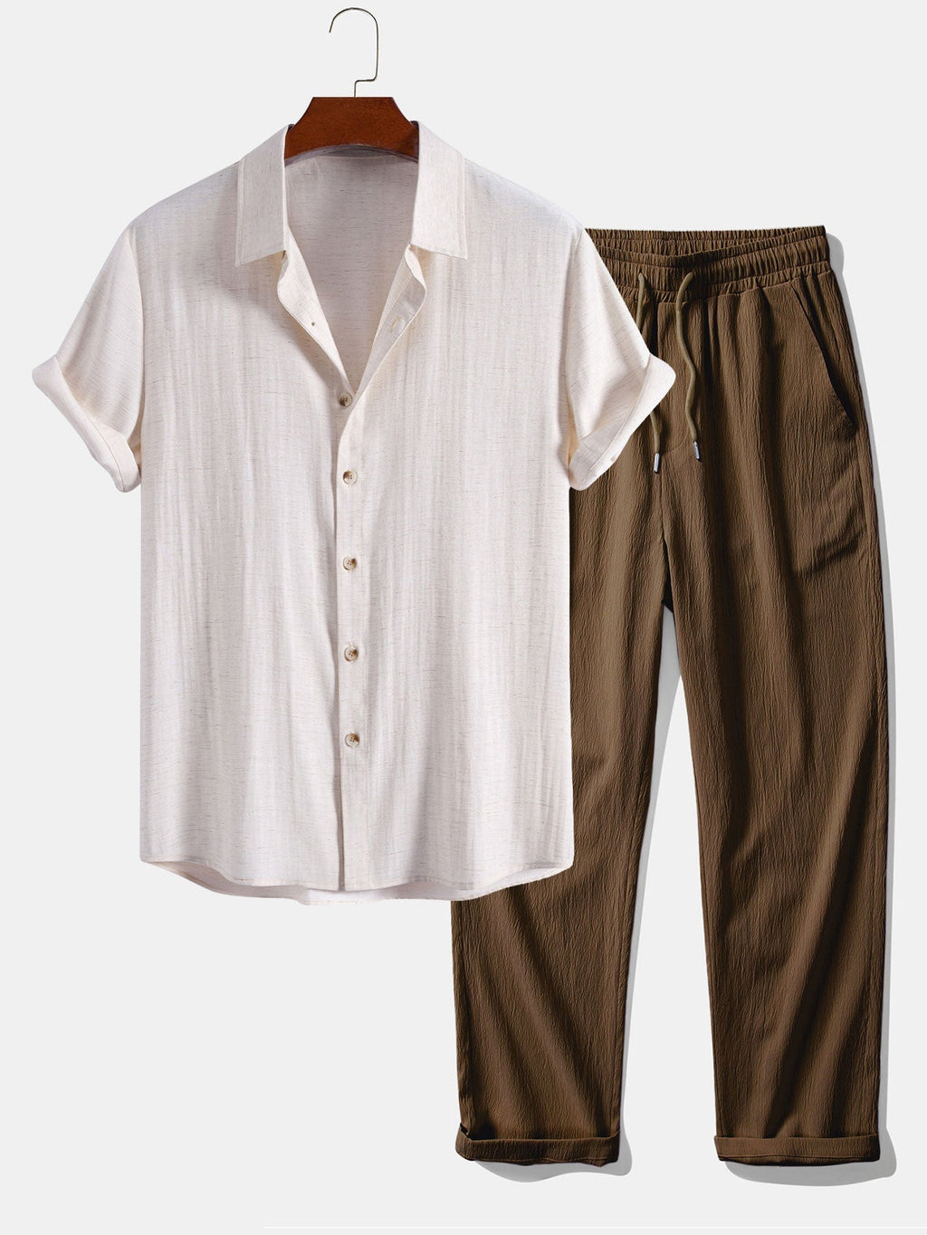Linen Rayon Blend Button Up Shirt & Crinkle Textured Straight Leg Pants