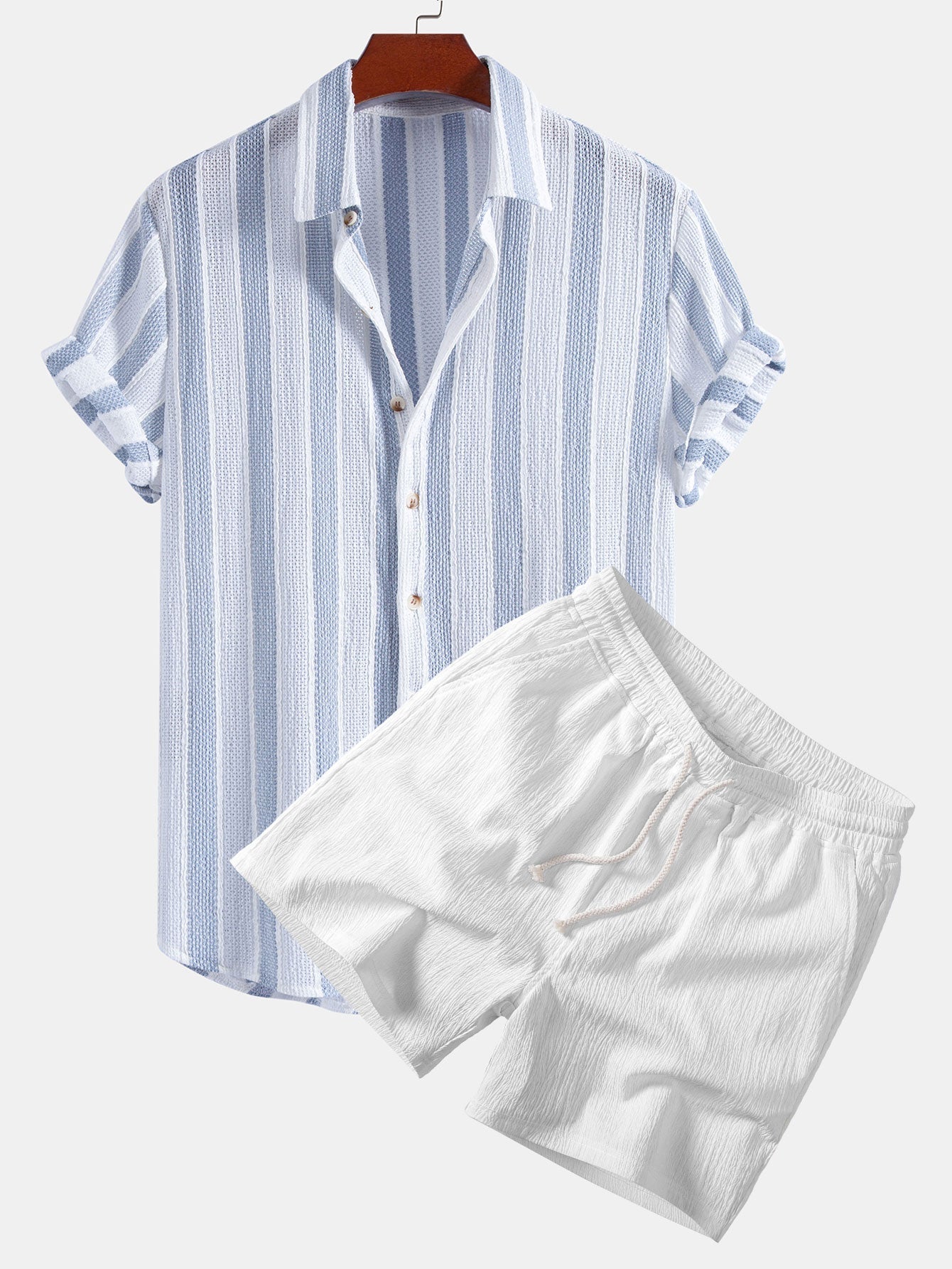 Textured Striped Button Up Shirt & Crinkle Textured Drawstring 5" Shorts