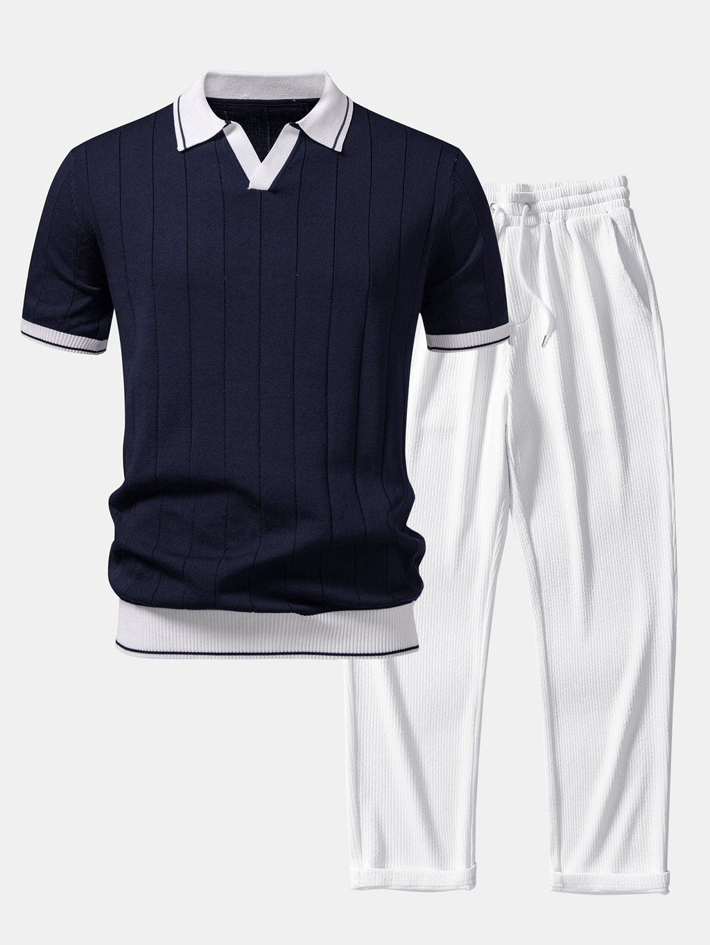 Contrast Trim Ribbed Johnny Collar Knit Polo & Straight Leg Ribbed Pants