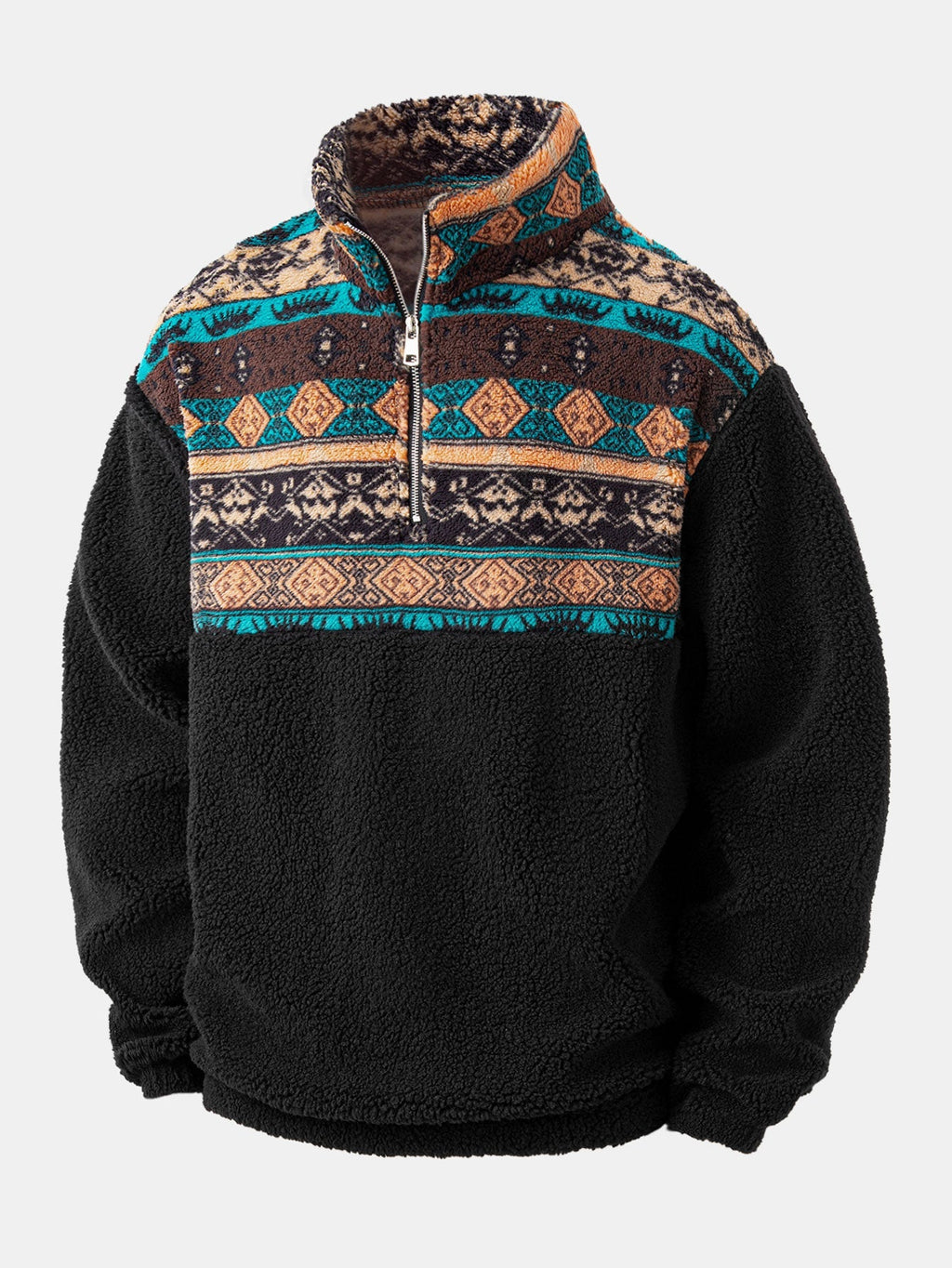 Relax Fit Quarter Zip Ethnic Geometric Patchwork Teddy Sweatshirt & Corduroy Jogger Pants