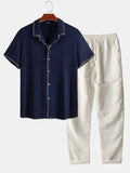 Contrast Stitching Linen Rayon Blend Cuban Shirt & Straight Leg Linen Pants