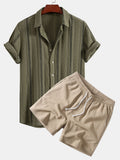 Geometric Striped Jacquard Button Up Shirt & Crinkle Textured Drawstring 5" Shorts