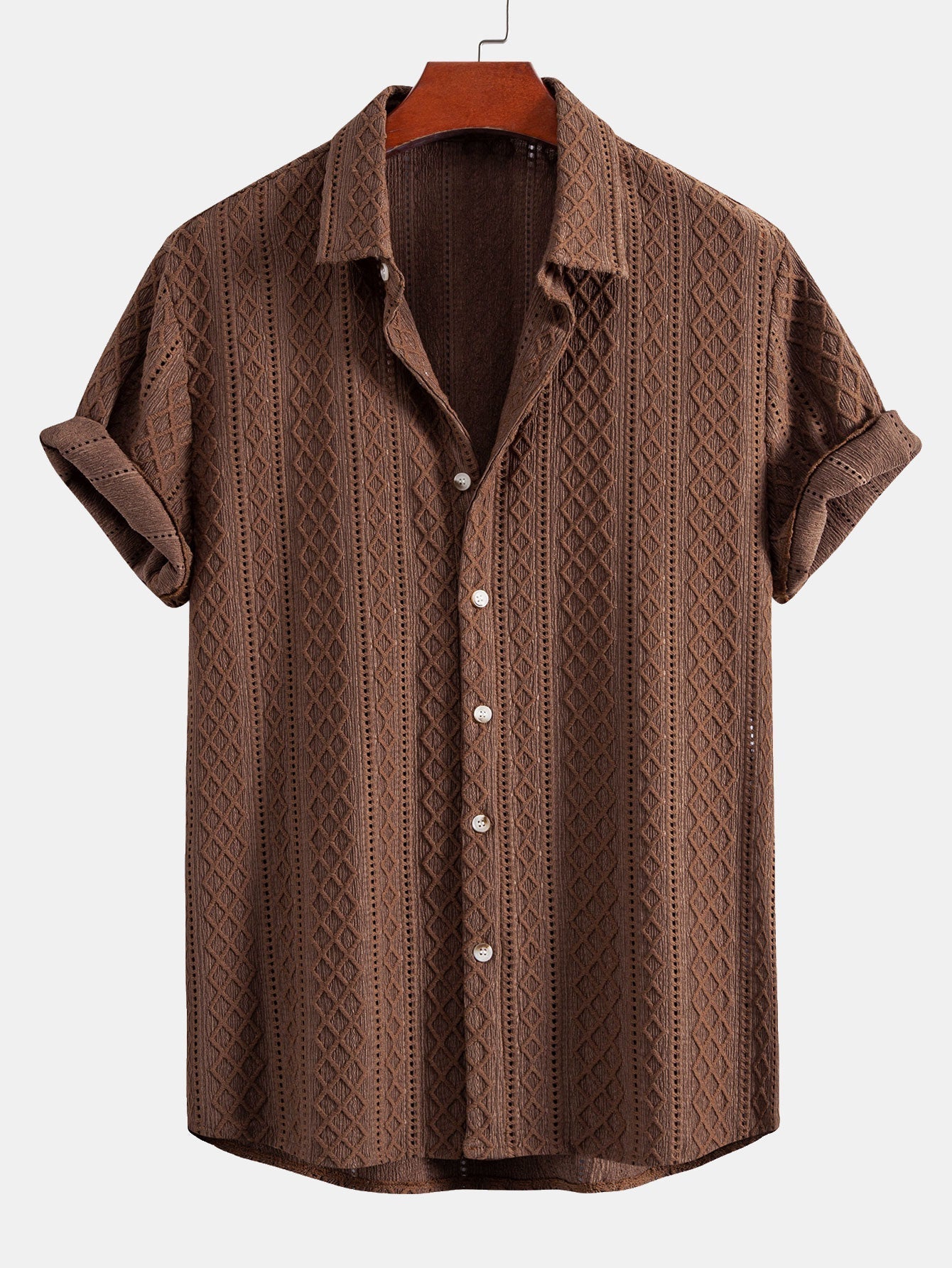 Geometry Rhombus Jacquard Button Up Shirt & Straight Leg Linen Pants