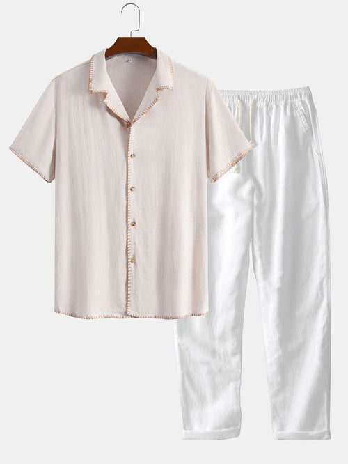 Contrast Stitching Linen Rayon Blend Cuban Shirt & Straight Leg Linen Pants