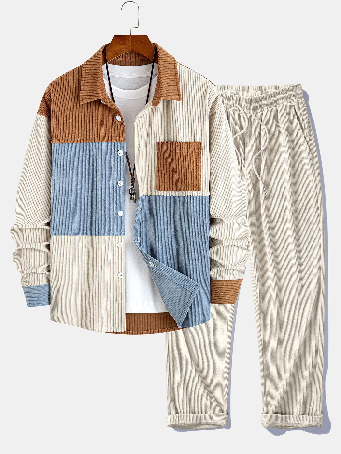 Relax Fit Color Block Corduroy Button Up Shirt & Straight Leg Corduroy Pants