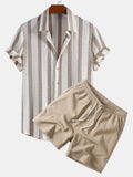 Textured Striped Button Up Shirt & Crinkle Textured Drawstring 5" Shorts