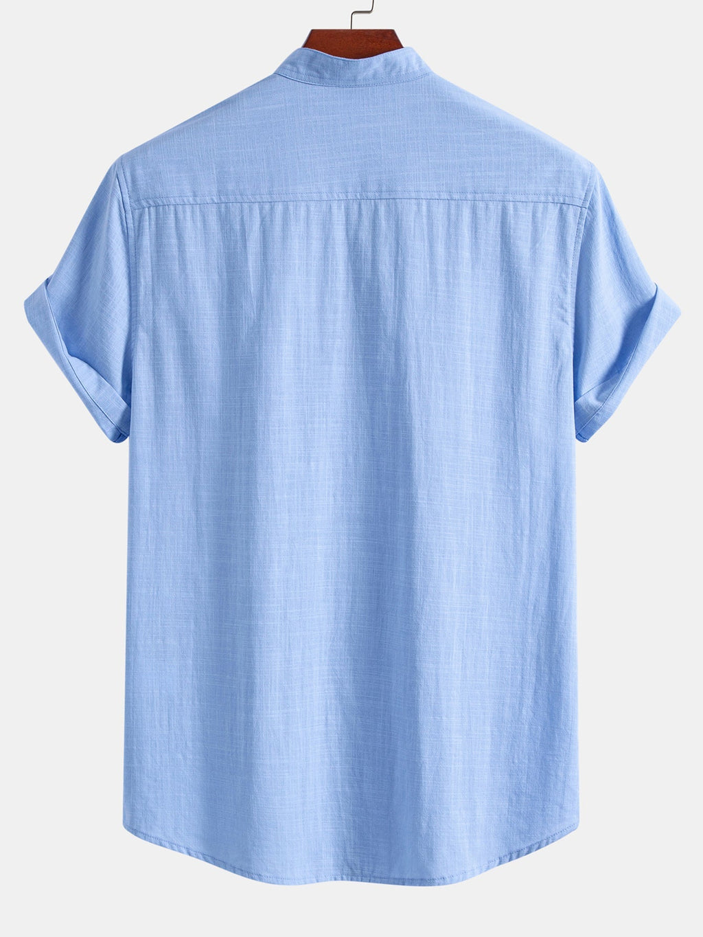 Short Sleeve Linen Look Stand Collar Shirt & Crinkle Textured Drawstring 5" Shorts