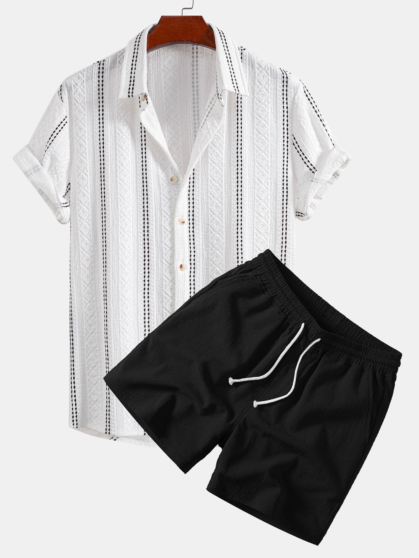 Geometric Striped Jacquard Button Up Shirt & Crinkle Textured Drawstring 5" Shorts