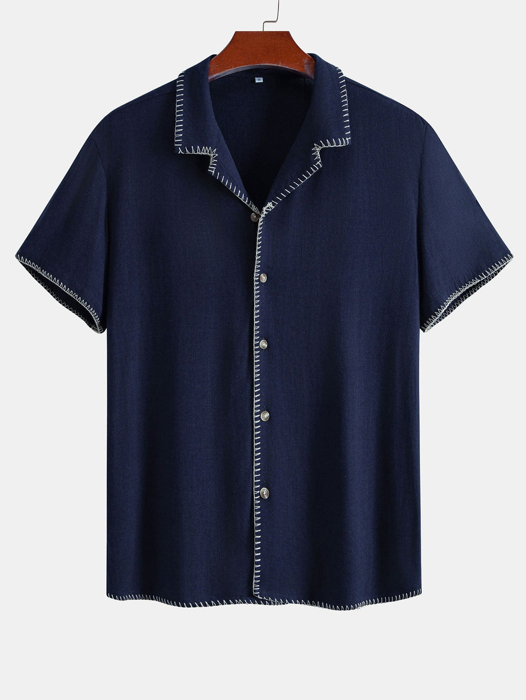 Contrast Stitching Linen Rayon Blend Cuban Shirt & Straight Leg Linen Pants