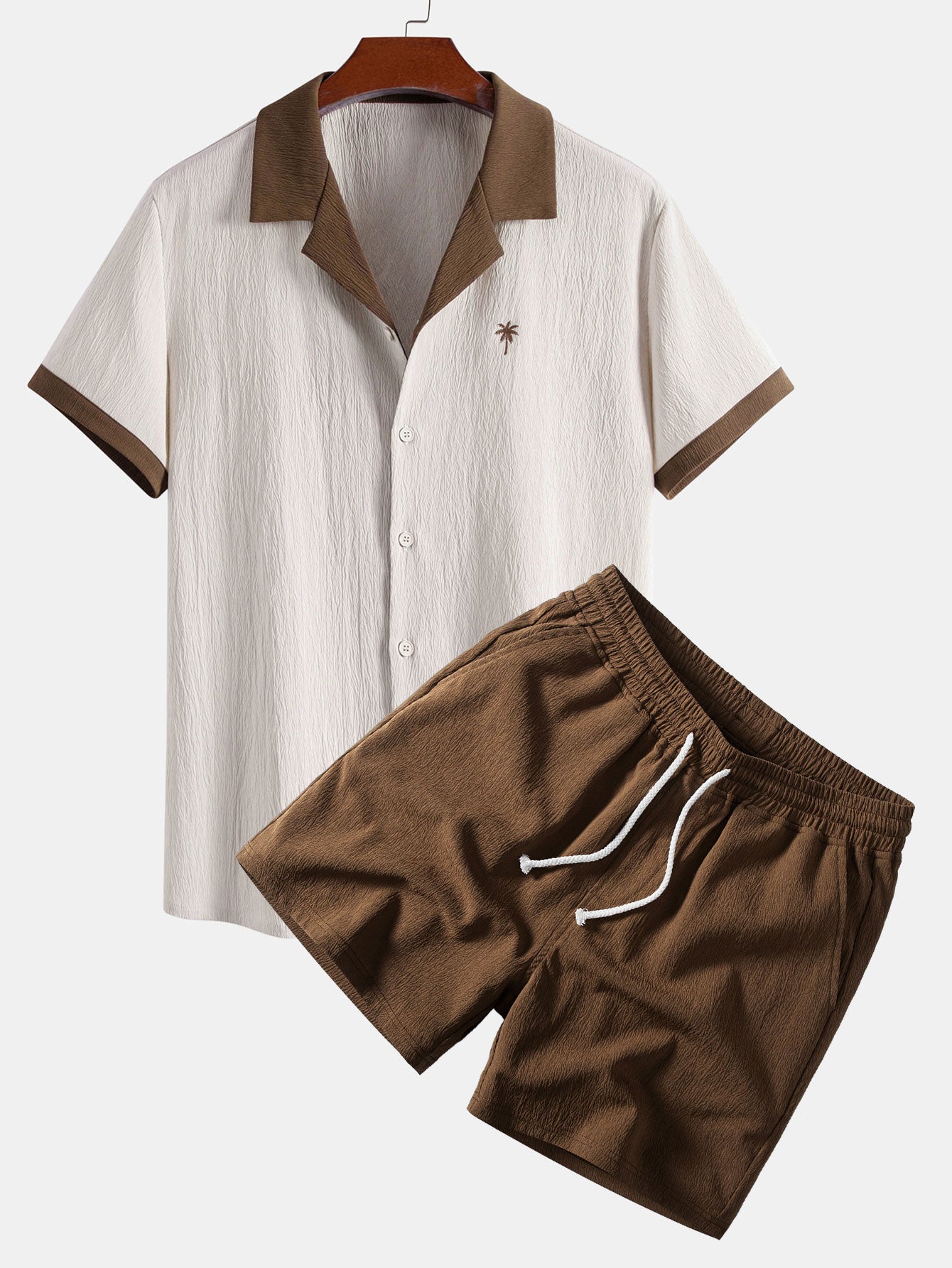 Contrast Palm Tree Embroidery Crinkle Shirt & Crinkle Textured Drawstring 5" Shorts