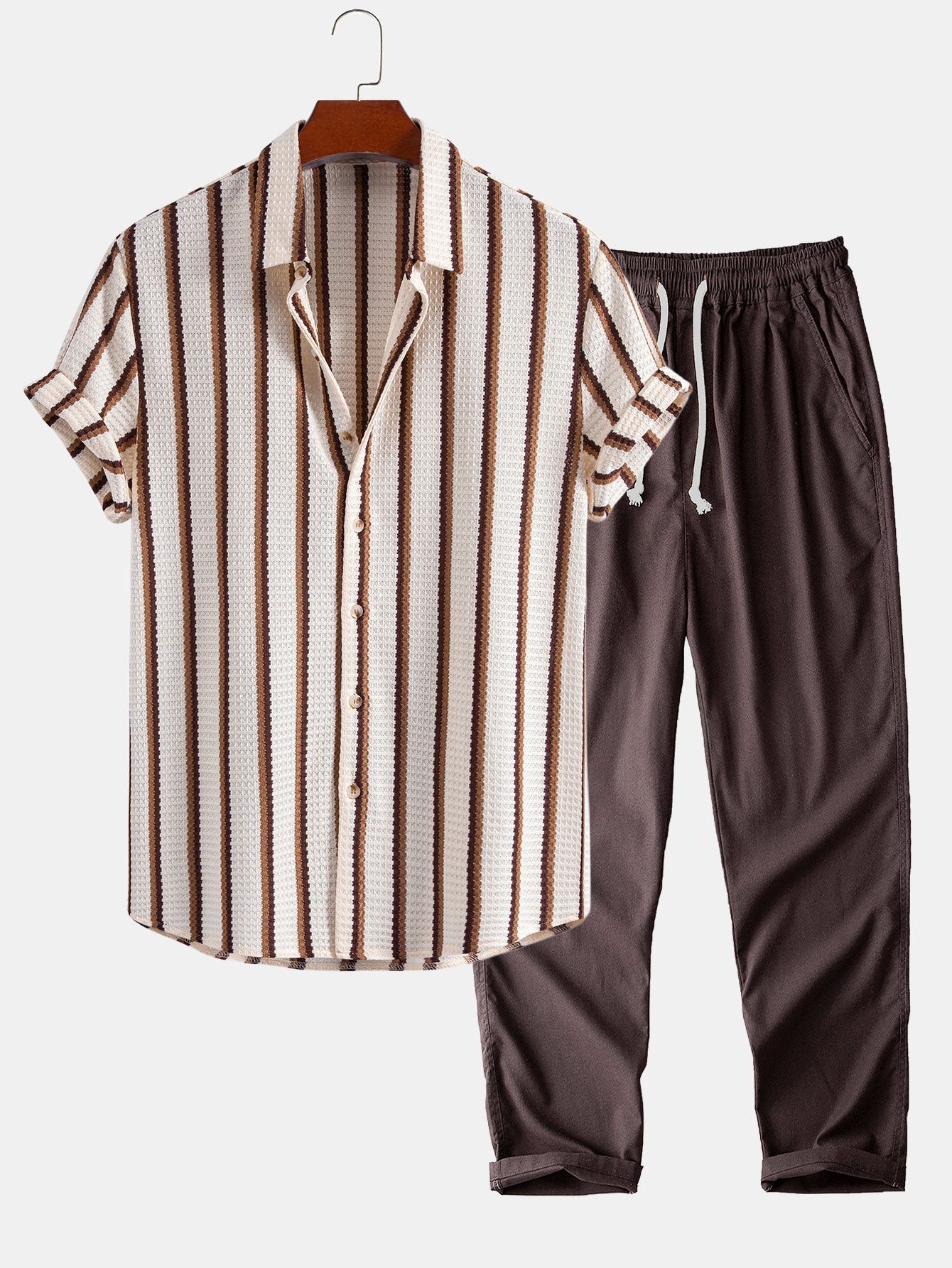 Stripe Waffle Button Up Shirt & Straight Leg Linen Pants