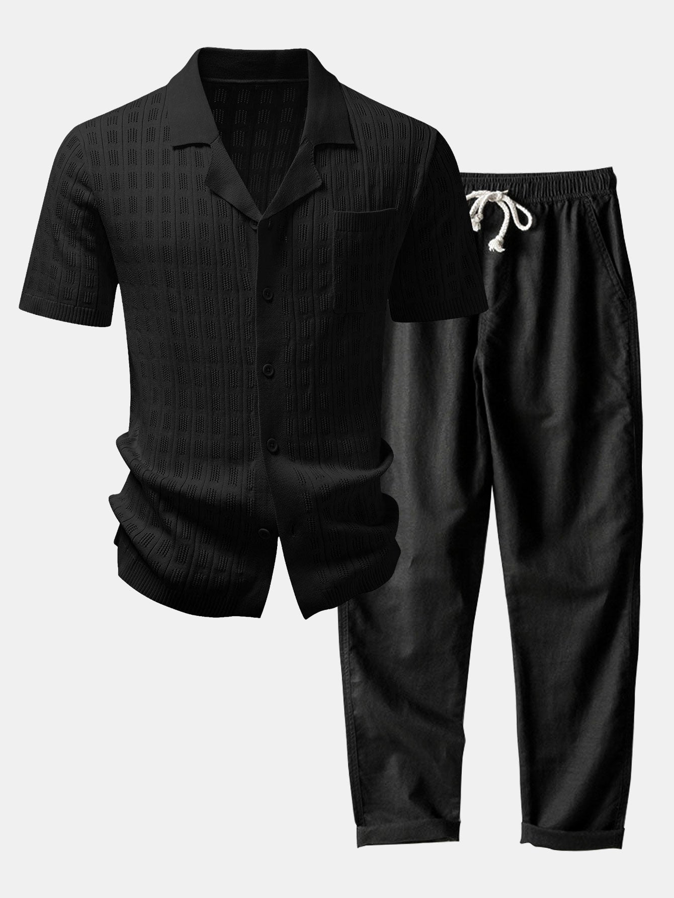 Plaid Open Knit Shirt & Straight Leg Linen Pants
