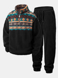 Relax Fit Quarter Zip Ethnic Geometric Patchwork Teddy Sweatshirt & Corduroy Jogger Pants