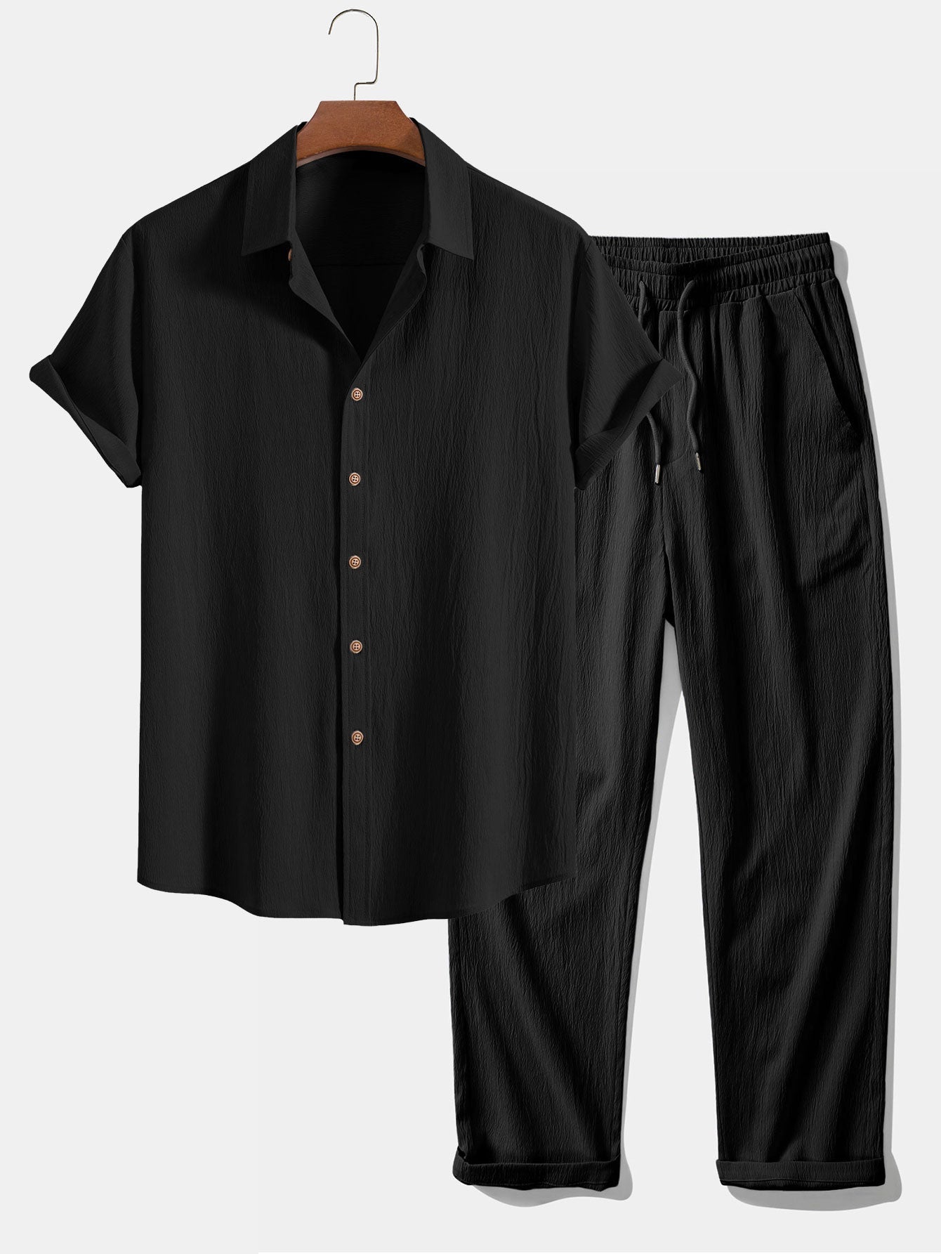 Crinkled Textured Button Up Shirt & Straight Leg Pants