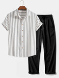 Cotton Blend Striped Button Up Shirt & Crinkle Textured Straight Leg Pants