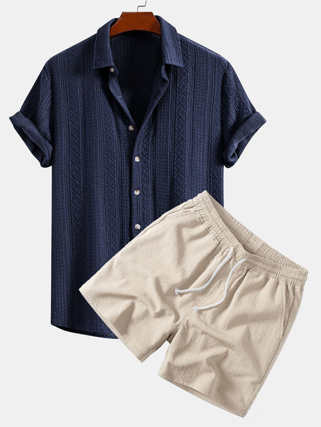 Geometric Jacquard Button Up Shirt & Crinkle Textured Drawstring 5" Shorts