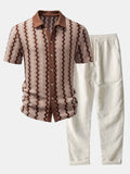 Plaid Jacquard Button Up Shirt & Straight Leg Linen Pants